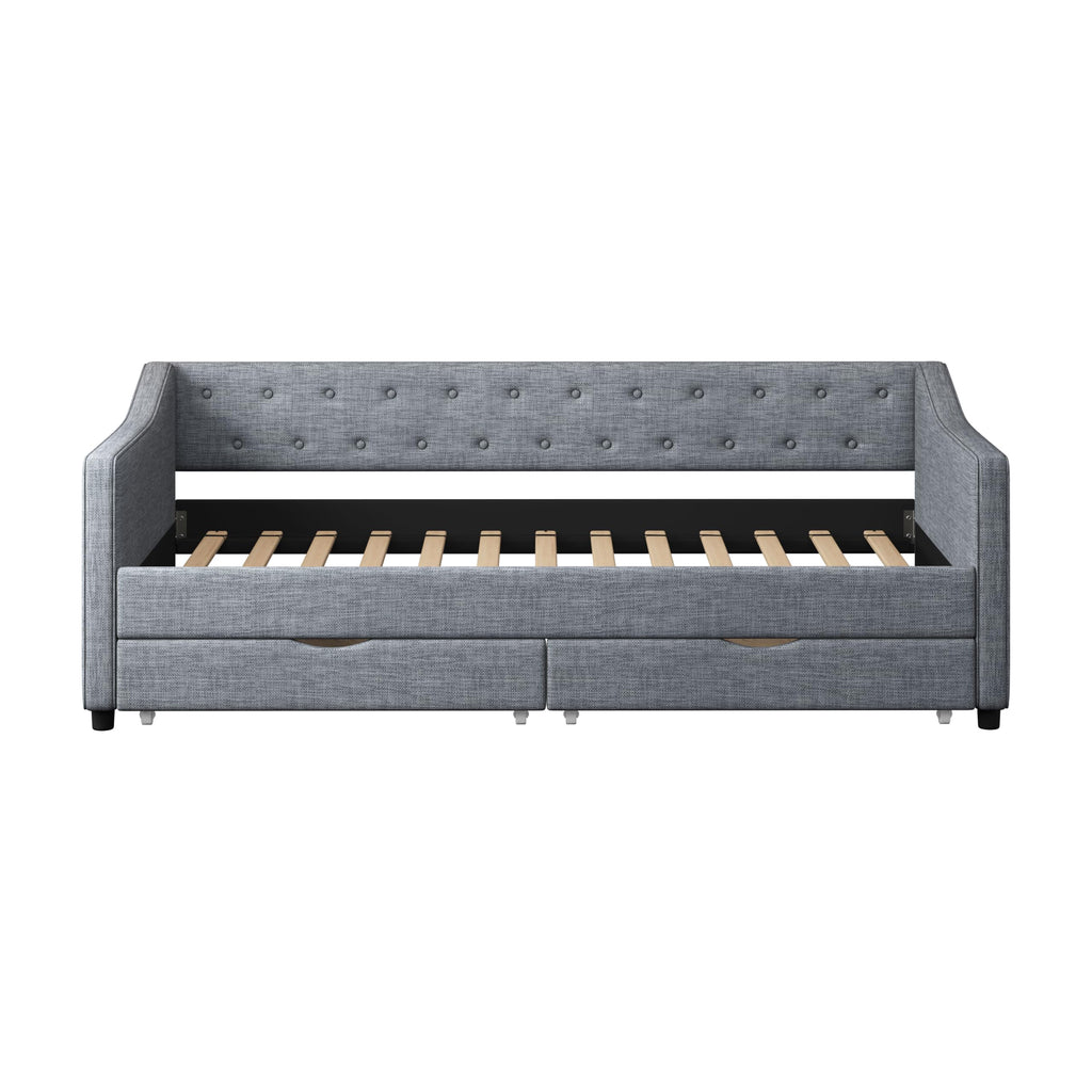 Twin Size Light Grey Linen Upholstered Wood Daybed with Two Drawers Q3864
