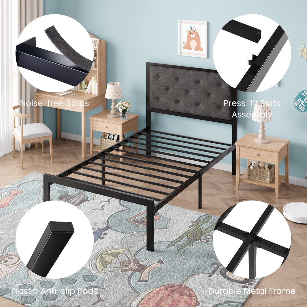 Twin Size Metal Bed Frame with Linen Tufted Headboard W9415