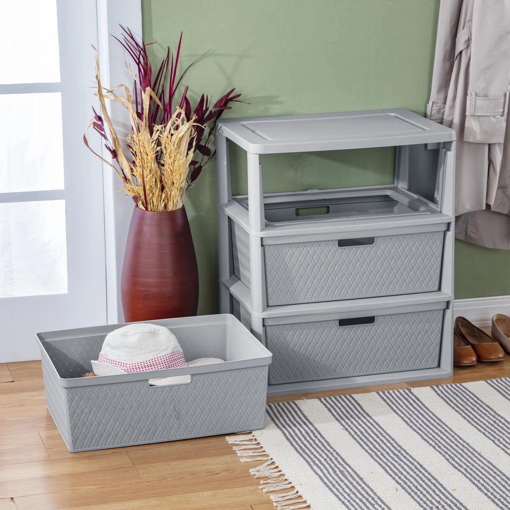 Wide 3-Drawer Plastic Storage Tower with Removable Bins, Gray G4733