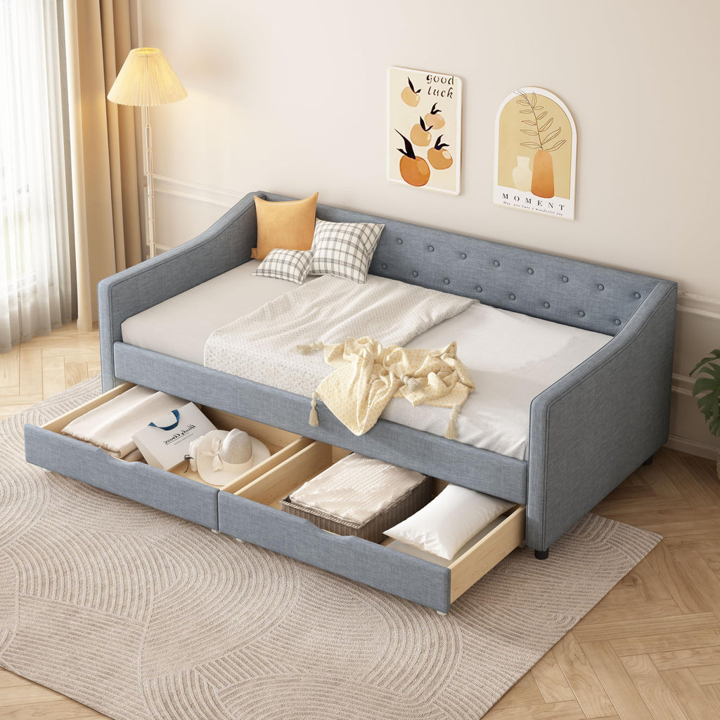 Twin Size Light Grey Linen Upholstered Wood Daybed with Two Drawers Q3864