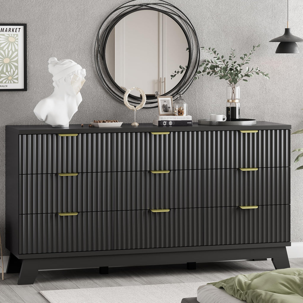 Black 9 Drawer Fluted Wood Dresser H14818