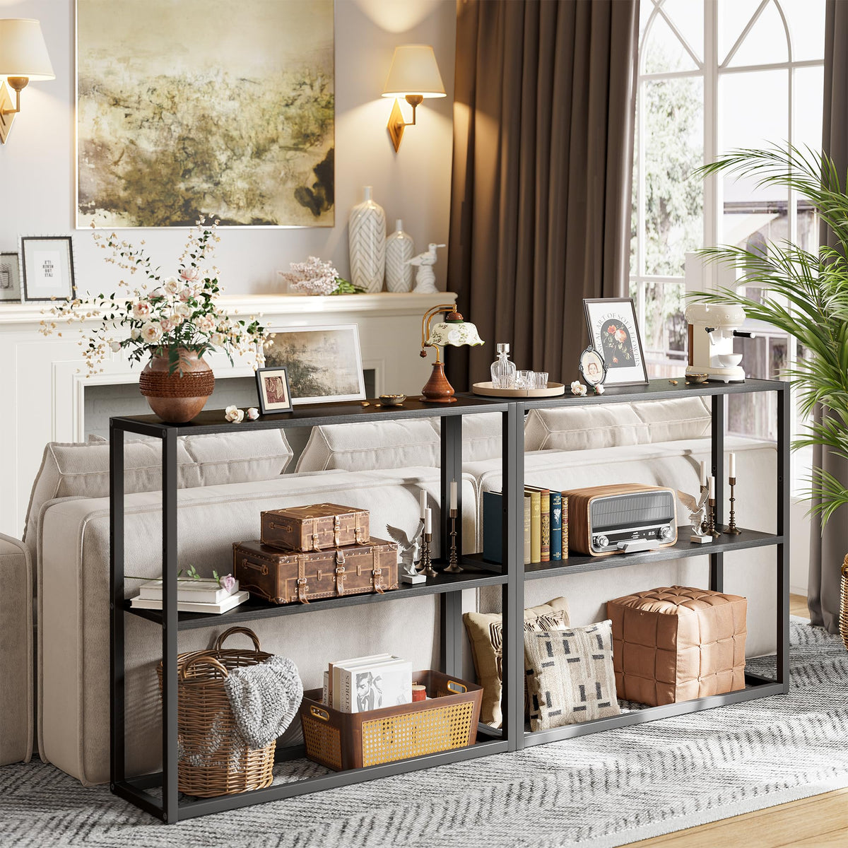 Black Narrow Console Table with Shelves C722