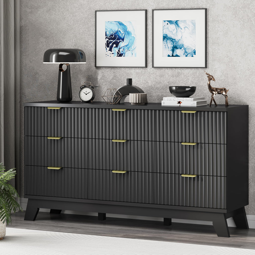 Black 9 Drawer Fluted Wood Dresser H14818