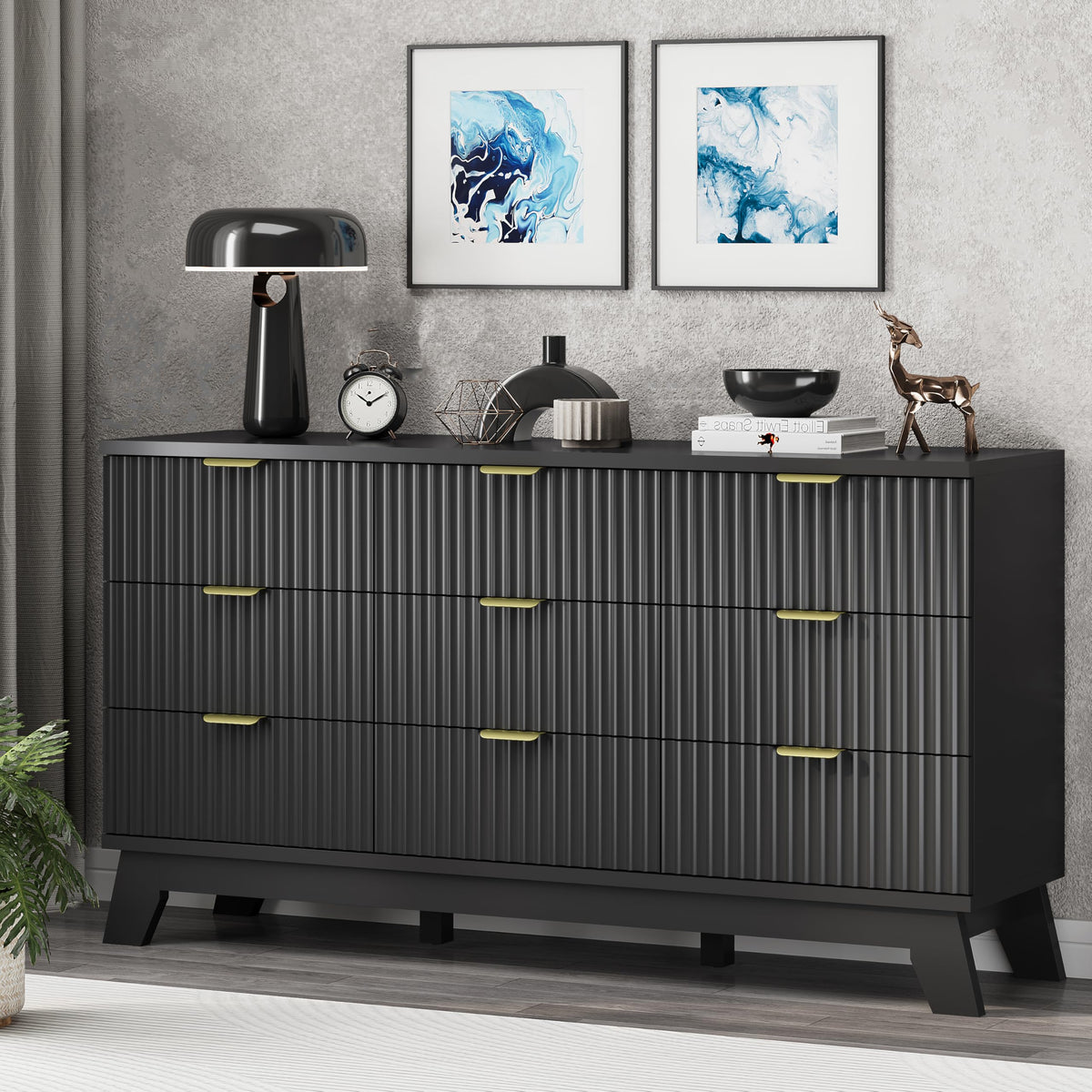 Black 9 Drawer Fluted Wood Dresser H14818
