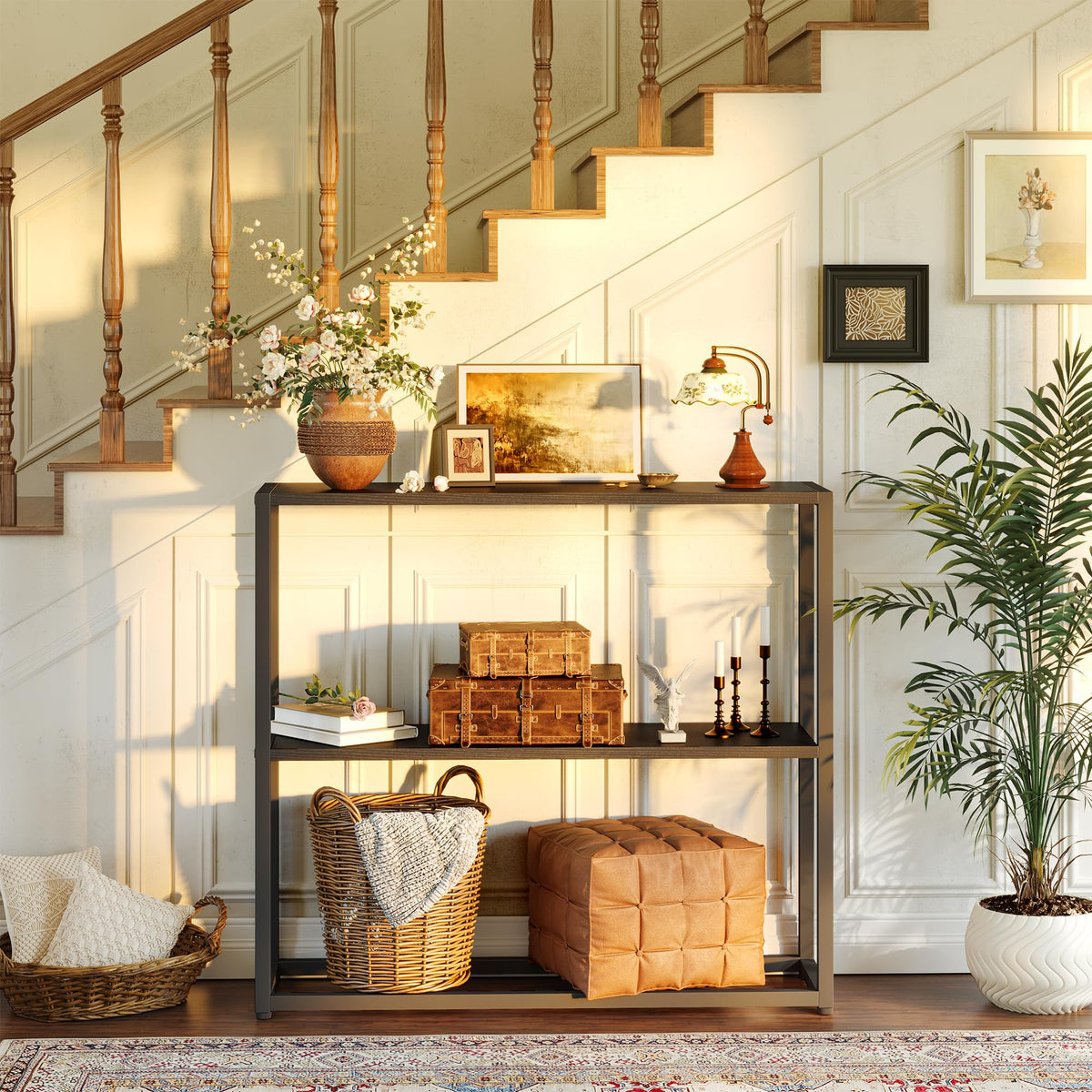 Black Narrow Console Table with Shelves C722