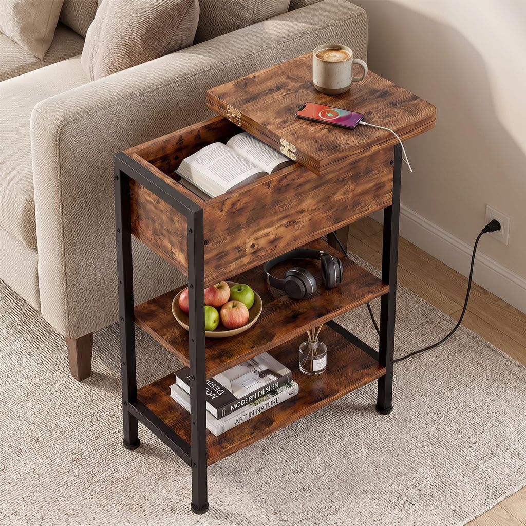 End Table with Charging Station, 3-Tier Storage Nightstand V904292