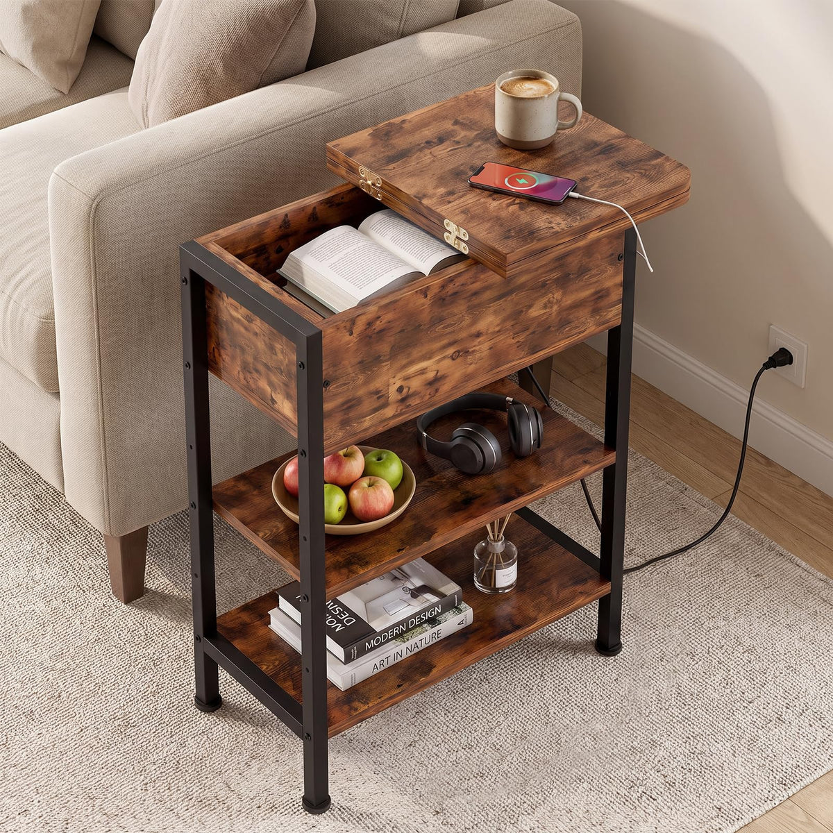 End Table with Charging Station, 3-Tier Storage Nightstand V904292