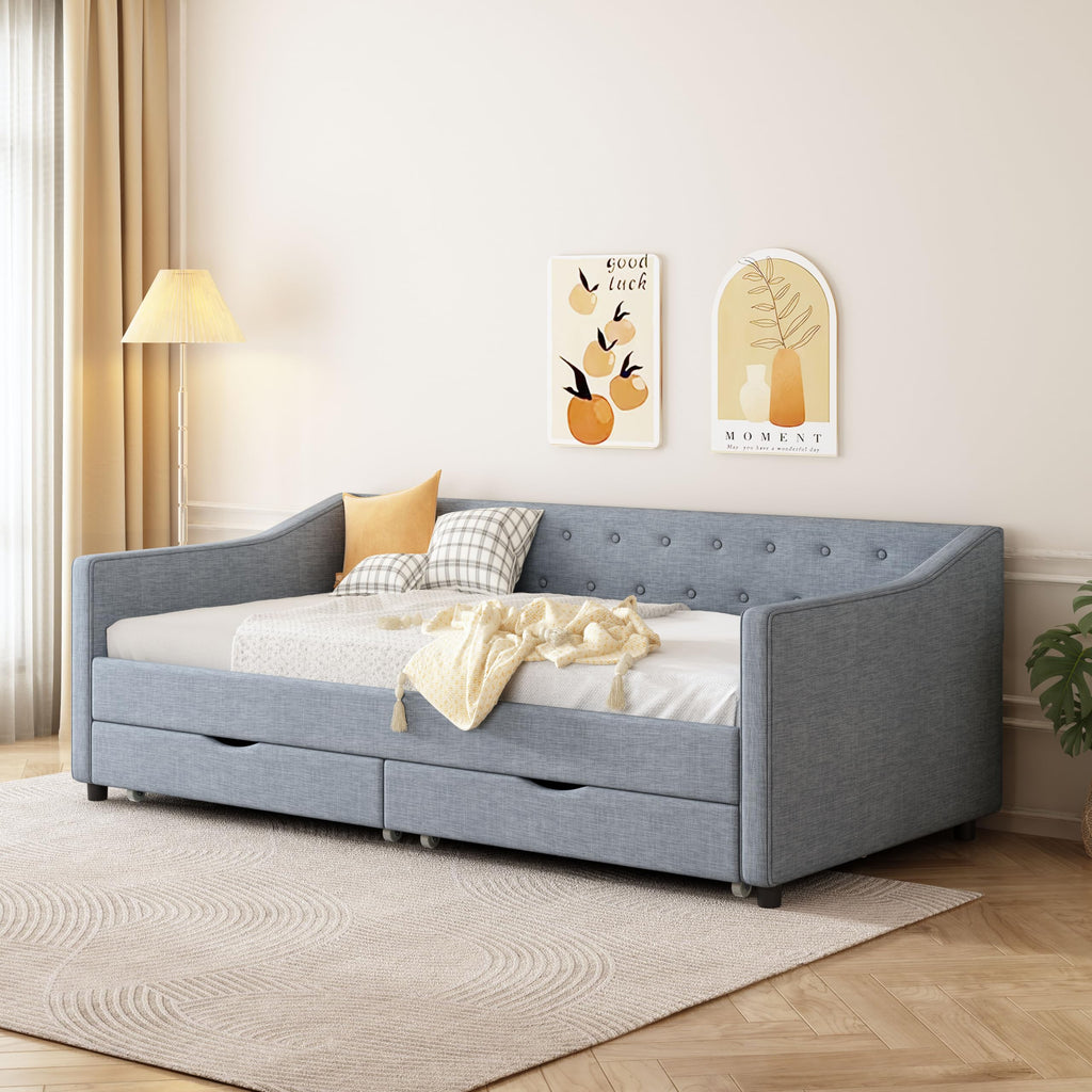 Twin Size Light Grey Linen Upholstered Wood Daybed with Two Drawers Q3864