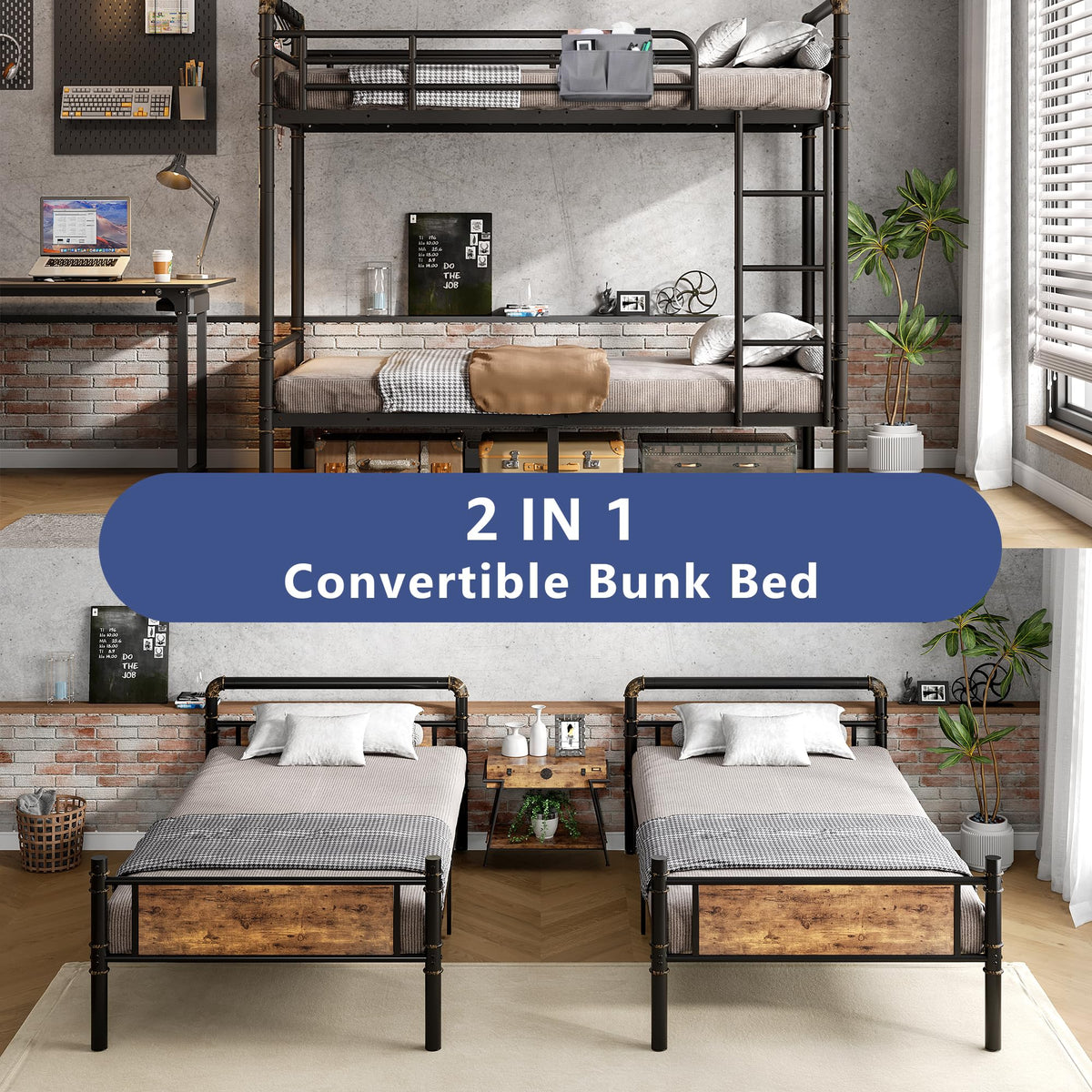 Twin Over Twin Metal Bunk Bed with Safety Guard Rails O812330